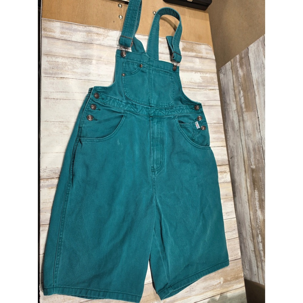 Paris Sport Club Vintage Teal Green Denim Shortalls Overalls Womens Size 7 90s